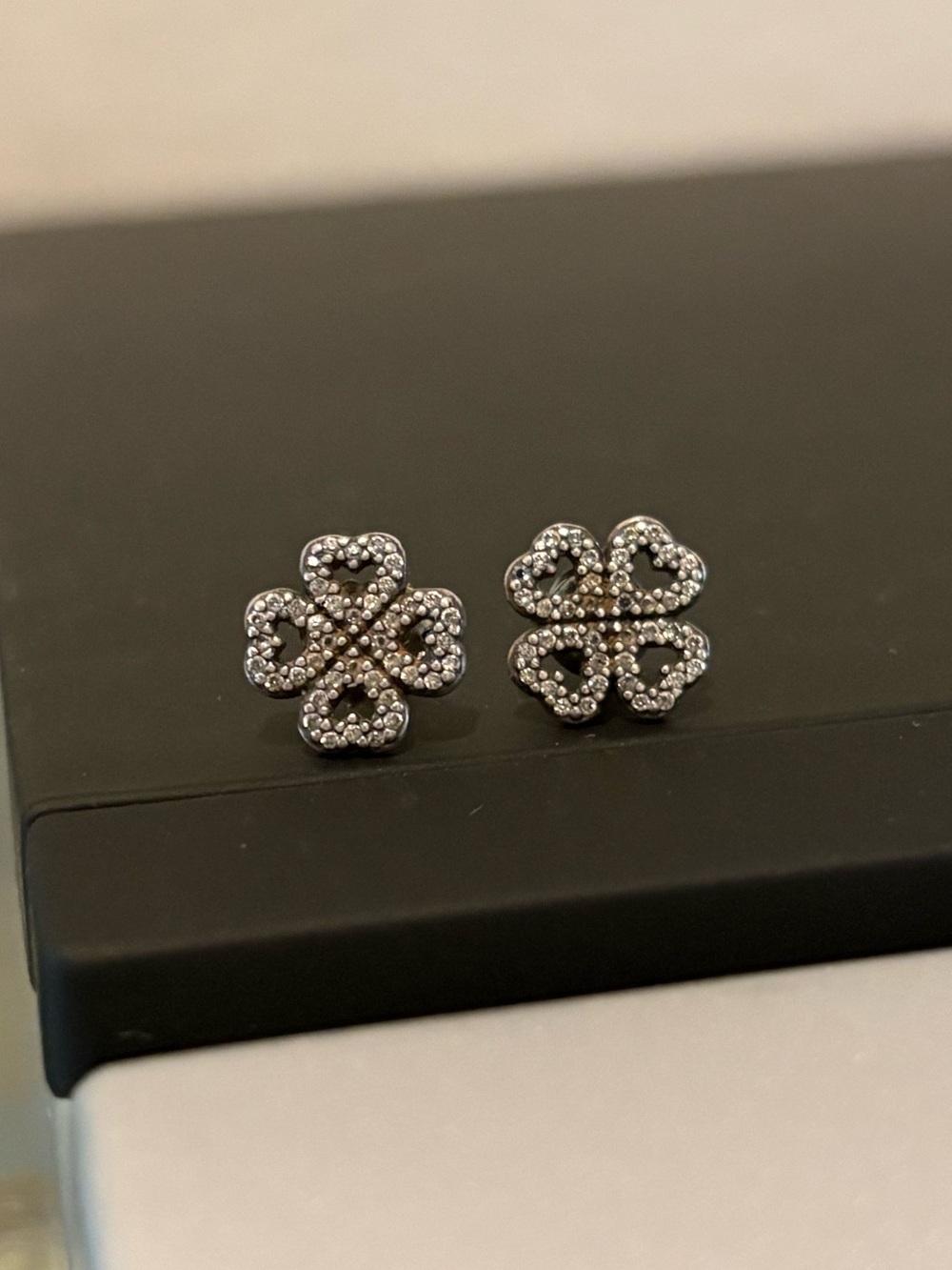 Pandora Heart Clover Silver Stud Earrings with Clear Cubic Zirconia Earrings